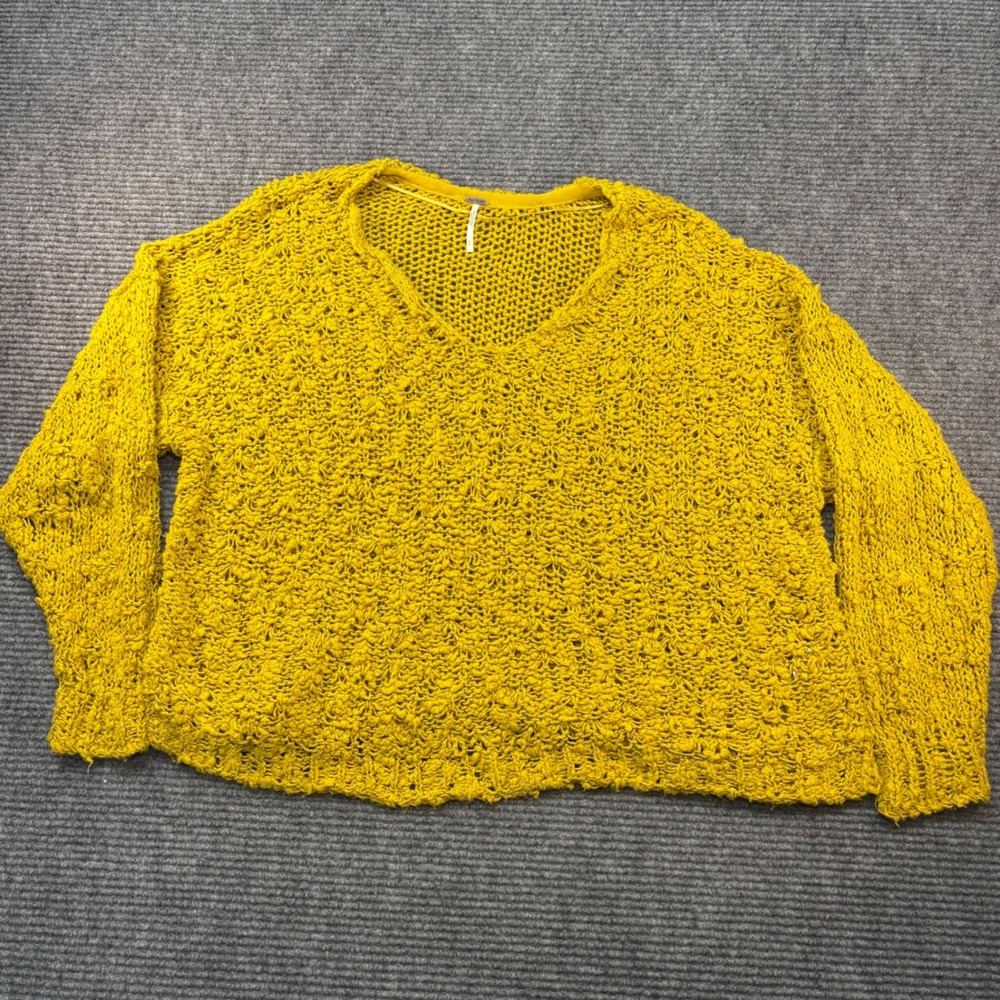 Free People Mustard Yellow Chunky Knit V-Neck Oversized Sweater Womens Large L‎